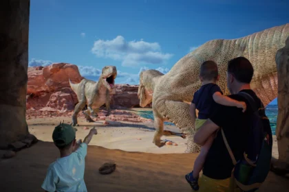 Interior del parque Dinópolis con dinosaurios y escenario