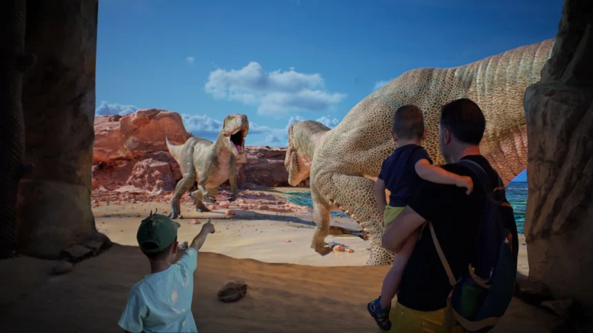 Interior del parque Dinópolis con dinosaurios y escenario
